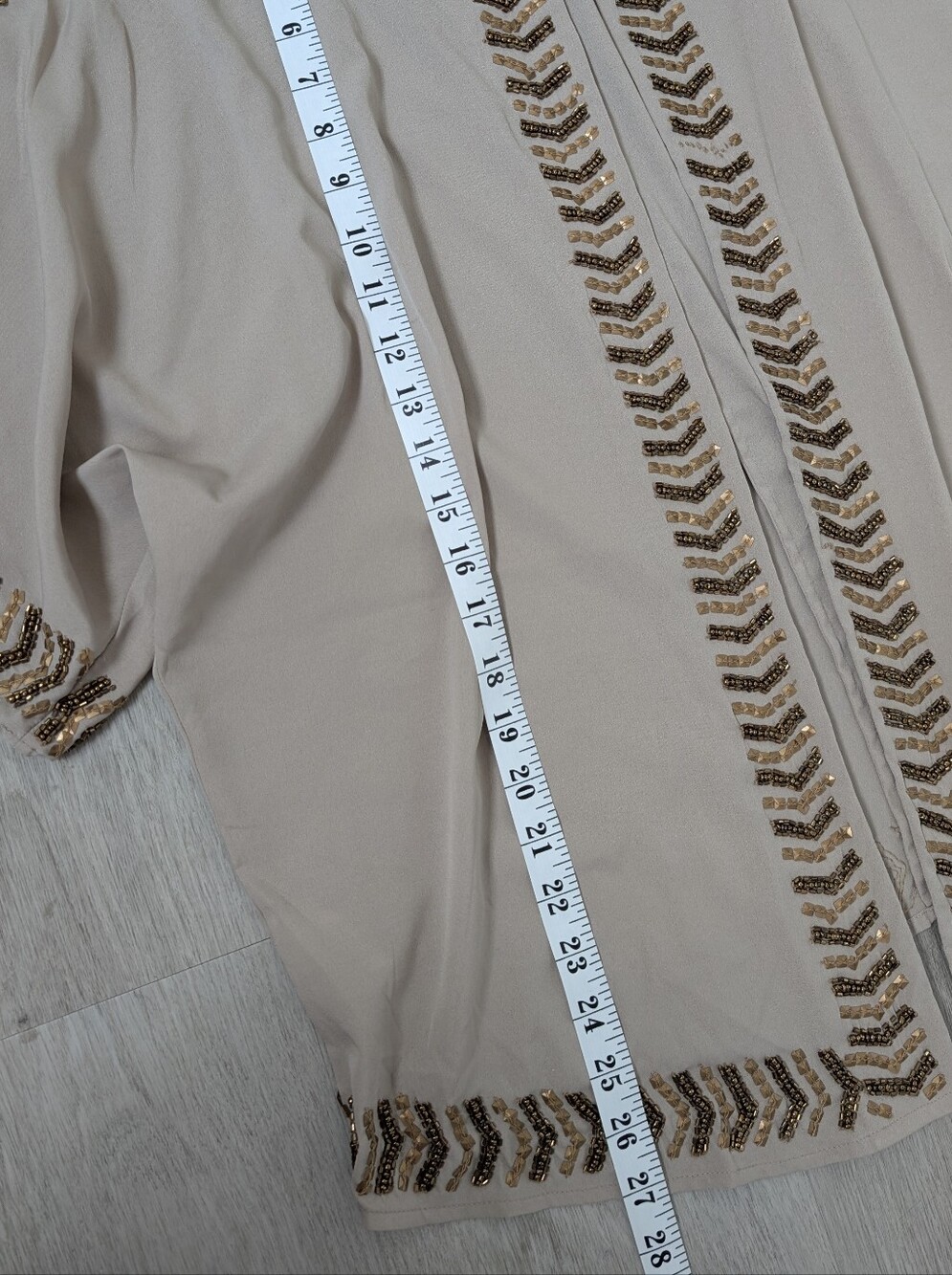 Forever 21 Boho Taupe Chevron Beaded Trim Open Front 3/4 Sleeve Kimono Jacket L - Picture 8 of 12